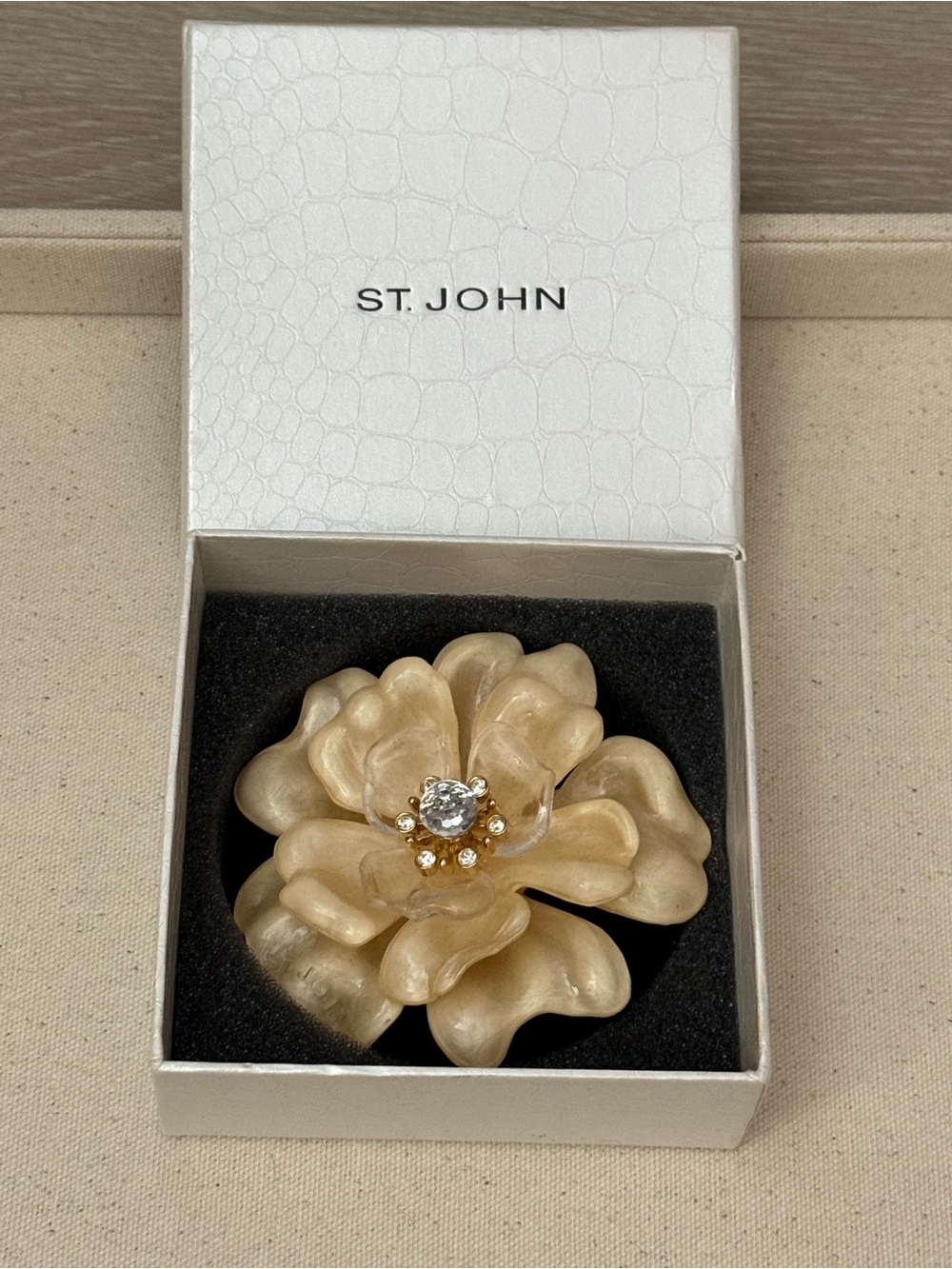 Vintage Extra LargeSt. John Camellia Flower Brooch with Swarovski Crystal Center